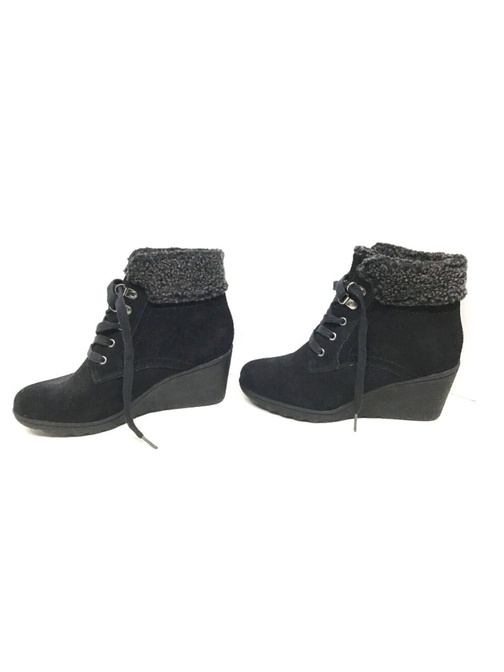 White Mountain Womens 8 Black Suede Wedge Heel Sherpa Lined Ankle Boots